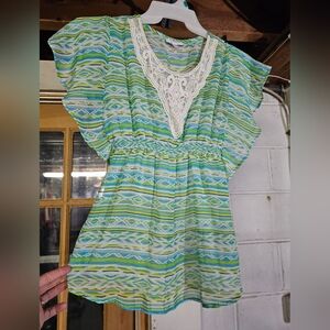 Grane Vibrant Green and Blue Patterned Top